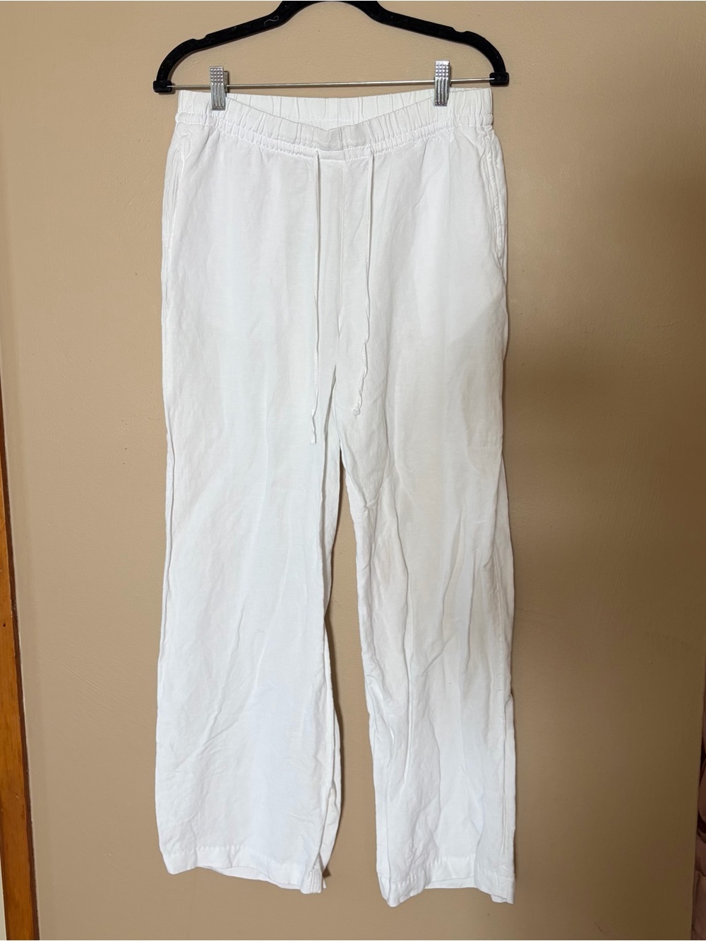 H&M White Wide-Leg Linen-Blend Pants with Drawstring